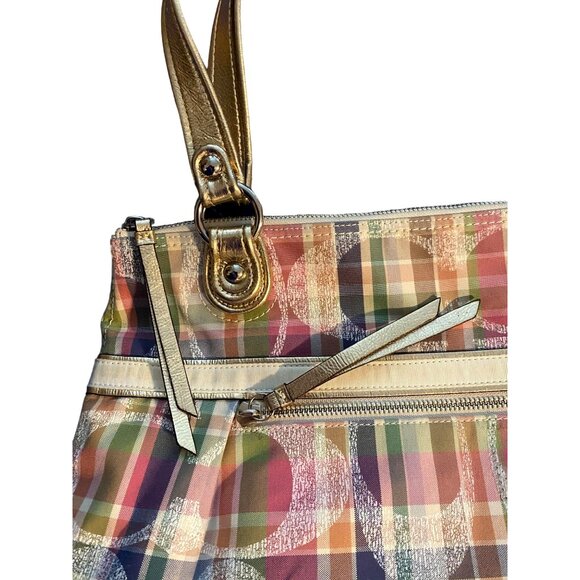 COACH Tote Shoulder Bag Poppy Multi Madras Signature Pastel Plaid Sequins - Picture 12 of 14